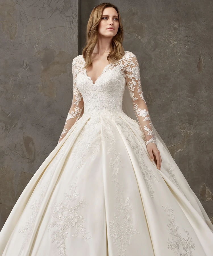 BGW белое сатиновое Бальное Платье, Свадебные Платья с аппликацией, Длинные иллюзионные рукава, сексуальное свадебное платье с v-образным вырезом, пуговица на спине