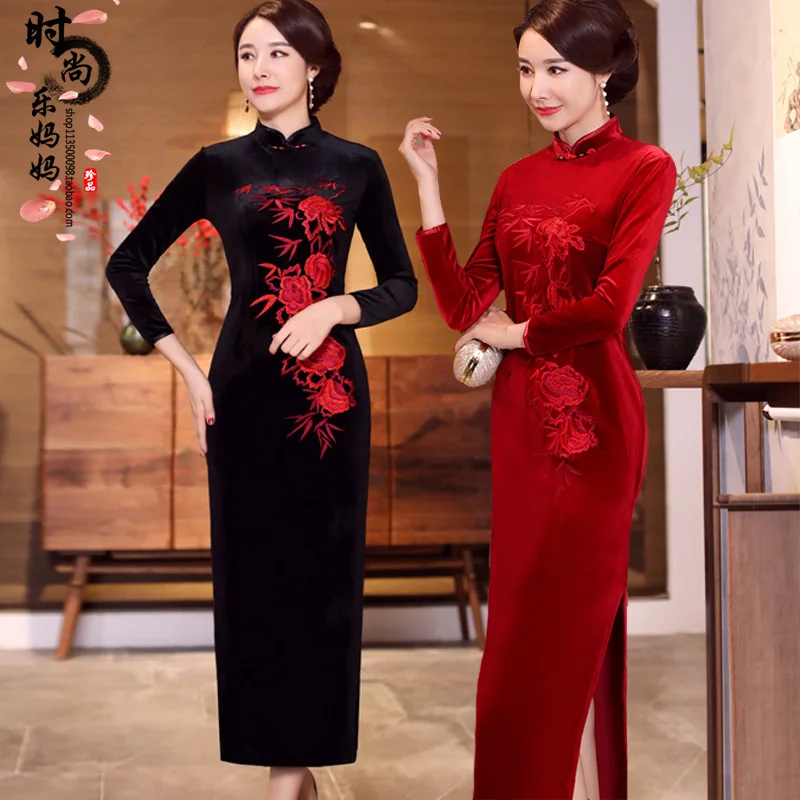 

2019 New Style Long Gold Velvet Long Skirts Cheongsam Large Size Embroidered Banquet Catwalks Formal Dress Middle-aged Women Dre