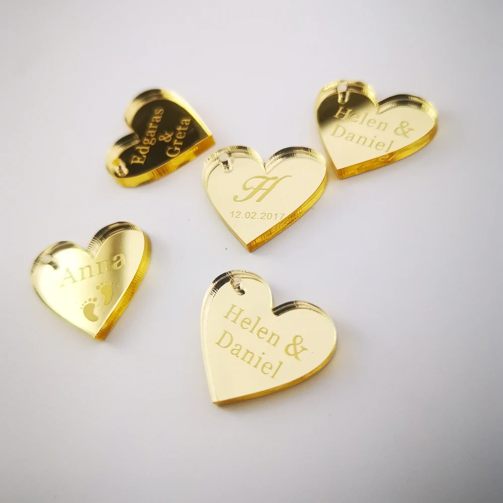 50Pcs Personalized Engraved Wedding Heart Table Decoration Baby Shower Party Favors Centerpiece Confetti Gold  Silver Mirror 2
