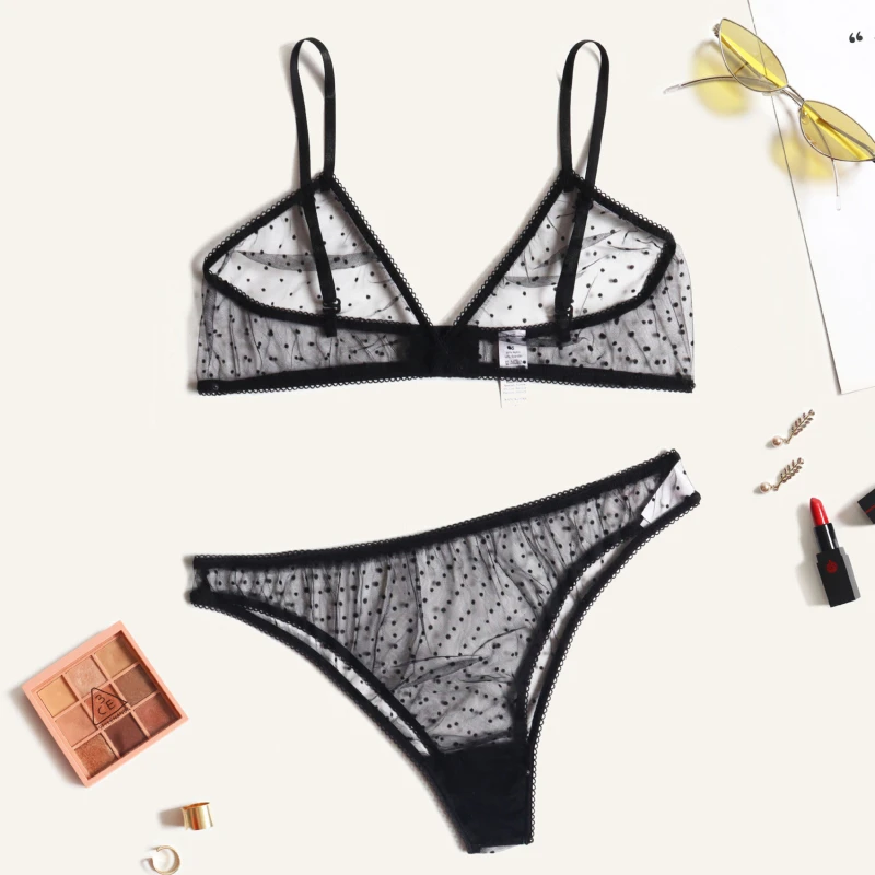 lace bra set Sexy Underwear Set Breathable Bralette With Sexy Underpants Polka Dot Sheer Mesh Lingerie Set Invisible Bra Brief Sets For Women sexy bra and panty