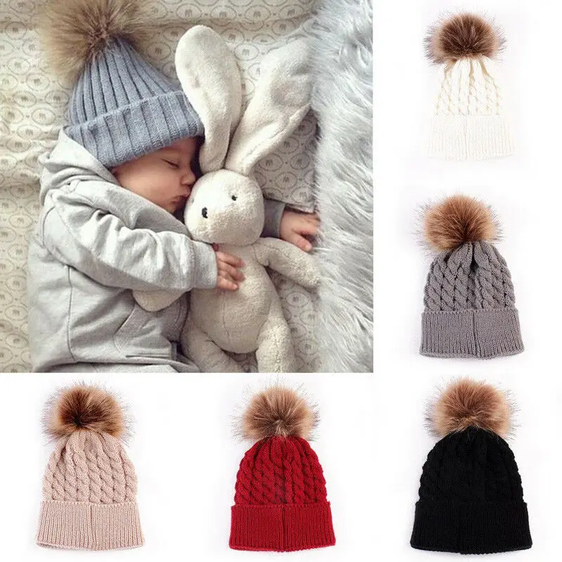 Родитель-Детские шапочки с помпоном теплый мех енота Bobble Mommy Beanie шапки Дети хлопок вязаный мама детская зимняя шапка шапки