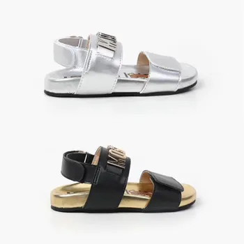 

2020 New Summer Bear Sandals for Baby Girl&Boy Kids Flat Buckle Strap Black&Silver Sandals Leather Shoes