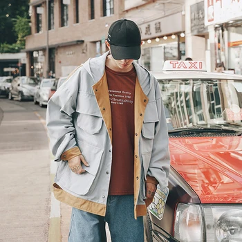 

2019 Autumn And Winter New Stitching Big Pocket Jacket Student Couple Oversize Quality Tooling Shirt Black Khaki / Sky Blue M-XL