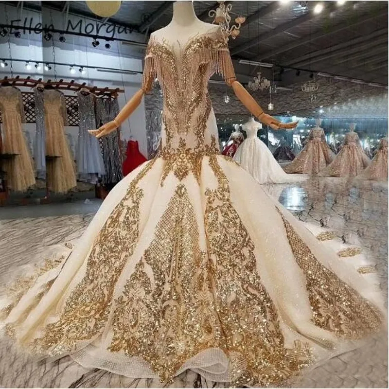 

Arabic Luxury Gold Mermaid Lace Wedding Dresses Ball Gowns Beads Boat Neck Backless Lace up Vestido De Novia For African 2019