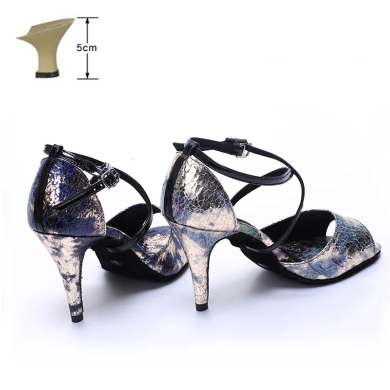 blue 5cm indoor Женские туфли для латинских танцев 10/8, 5/7, 5, 6 см, с принтом, из PU искусственной кожи, на высоком каблуке, с мягкой подошвой, бальные туфли для танго - Цвет: blue 5cm indoor
