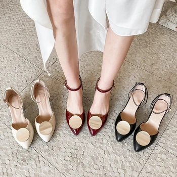 

New Gold Round Metal Shoes for Women Ladies Big Size 43 Ankle Strap Buckled Two-Pieces Style Pumps Woman Female Pointy Toe Shoes