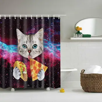 

Waterproof Thicken Polyester 3D Shower Curtain Lovely Cat Eating Pizza Mildew Proof Bath Tub Curtain with 12 pcs Hooks