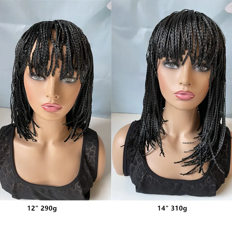 Hywamply 12" Synthetic Small Box Braided Hair Wigs With Bangs Black Bug Ombre Shade Short Bob Hairstyle Machine Wig
