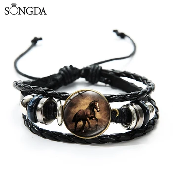 

High Quality Animal Horse Charm Bracelet Steampunk Black Adjustable Rope Braided Leather Bracelet Male Jewelry Wholesale