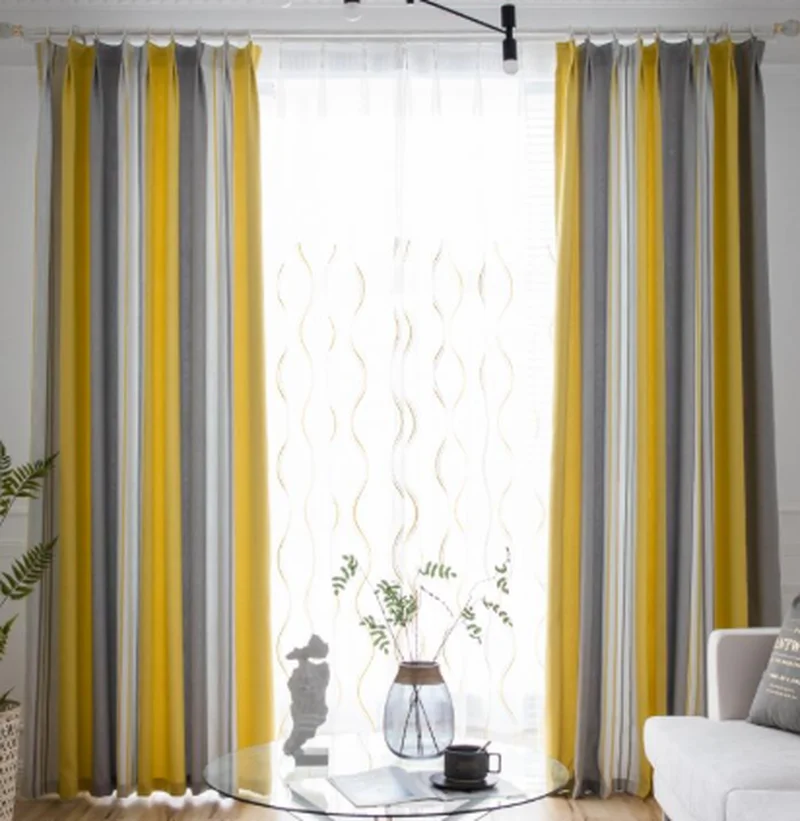 

Scandinavian Curtains for Living Dining Room Bedrooms Style Yellow Striped Gray Blackout Curtains Blue Transparent Tulle Blinds