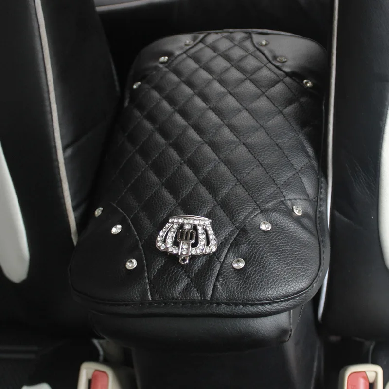 Crown-with-Crystal-Rhinestone-Car-Armrests-Cover-Pad-PU-Leather-Vehicle-Center-Console-Arm-Rest-Box-