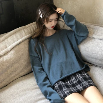 

PX2392 2020 Women's loose short crimped thin long sleeve T-shirt