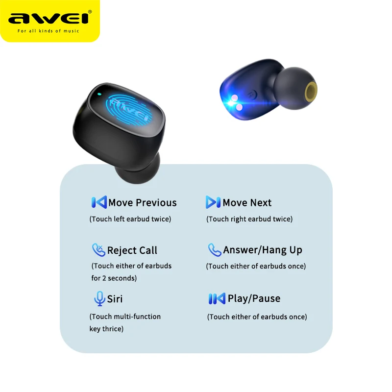 AWEI T13 TWS настоящие беспроводные Bluetooth наушники бас HiFi в ухо мини Капсула сенсорный