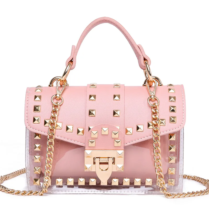Женская прозрачная сумка, брендовая модная сумка с заклепками, сумка через плечо на цепочке, сумка через плечо, ПВХ, женские ручные сумки, мини сумка-мессенджер - Цвет: Pink