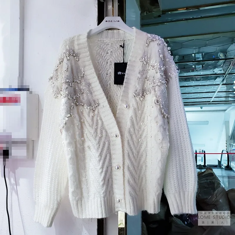 

European 2020 Autumn New Beaded Sequins Loose Long V-neck Knitted Cardigan Sweater Coat Women Large Size Overcoat
