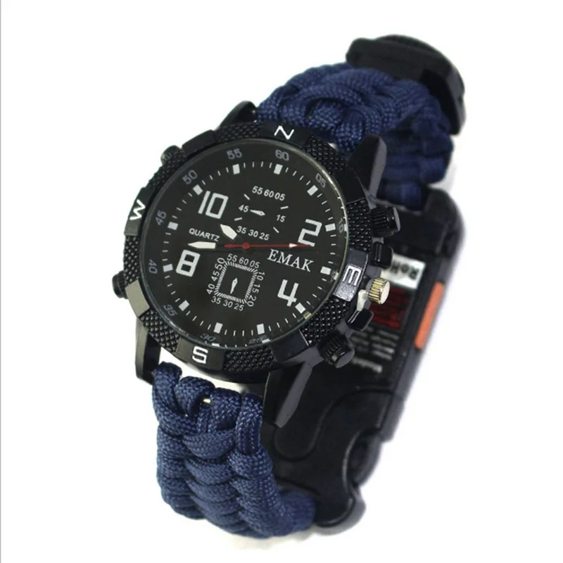 

11 In 1 Multifunction Outdoor Camping survival bracelet watch compass Rescue Rope paracord equipment Tools kit Navy Blue