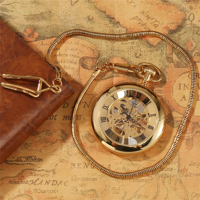 Luxury Yellow Golden Skeleton Display Men Women Handwind Mechanical Pocket Watch Open Face Roman Numeral FOB Chain