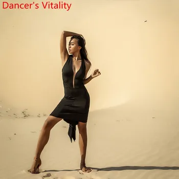 

Latin Dancer Women Adult Practice Clothes Sexy Deep V Neck Dress with Chest Pad Rumba Cha Cha Salsa Foxtrot Dance Stage Wear
