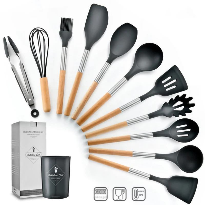 New 12PCS Silicone Kitchen Tools Cooking Sets Turner Soup Spoon Spatula Brush Non-Stick Shovel With Wooden Handle Cooking Tools
