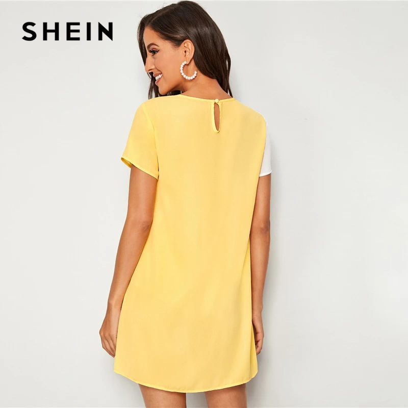 SHEIN, расшитое блестками, Colorblock(цветовой блок), туника короткое платье; Для женщин вырез на спине короткий рукав с круглым вырезом и шорты для женщин прямые свободные Повседневное платья