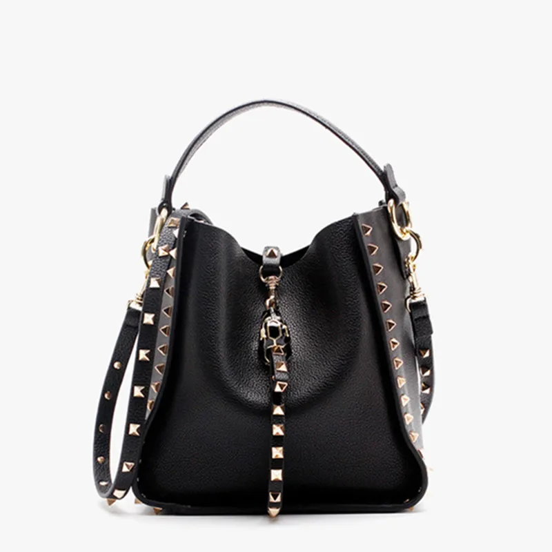 

2020 New Female Gold Rivet Designer Crossbody Bag Soft Genuine Cow Leather Bag Women's Vintage Metal Bucket Handbag Channels Bag