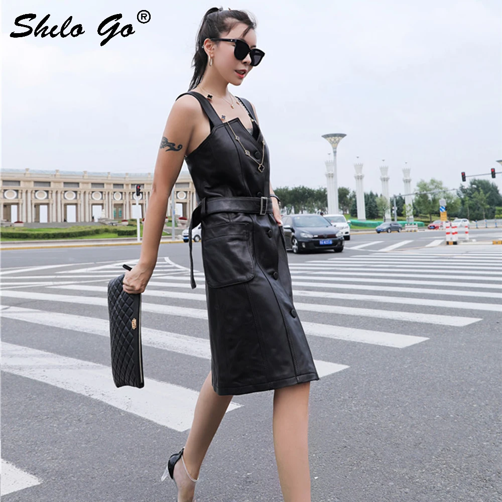 Genuine Leather Dress Highstreet V Neck Buckle Belted Single Breasted Dress Women Autumn Strap Sleeveless Side Pocket Dresses