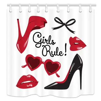 

Fashion Woman Makeup Decor, Vector High Heeled Shoes with Red Lips Shower Curtains,Polyester Fabric Bathroom Decorations, Shower