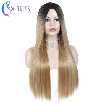 

Ombre Brown Blonde Color Middle Part Synthetic Hair Wig Long Natural Straight X-TRESS Wigs For Women High Temperature Hairpiece
