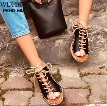 

Summer Women Casule Flat Scandal Buckle Strap Open Toe Fish Mouth Female Shoes Peep Hemp Rope Toe Weaving Sandals Ladies Shoes