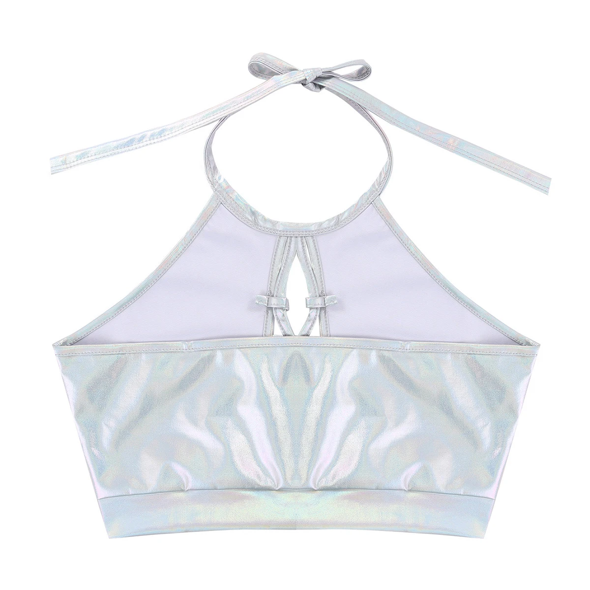 Women Sexy Bikini Bra Crop Top Wetlook Metallic Halter Front Hollow Backless Tops Swimwear Nightclub Party Festival Rave Costume