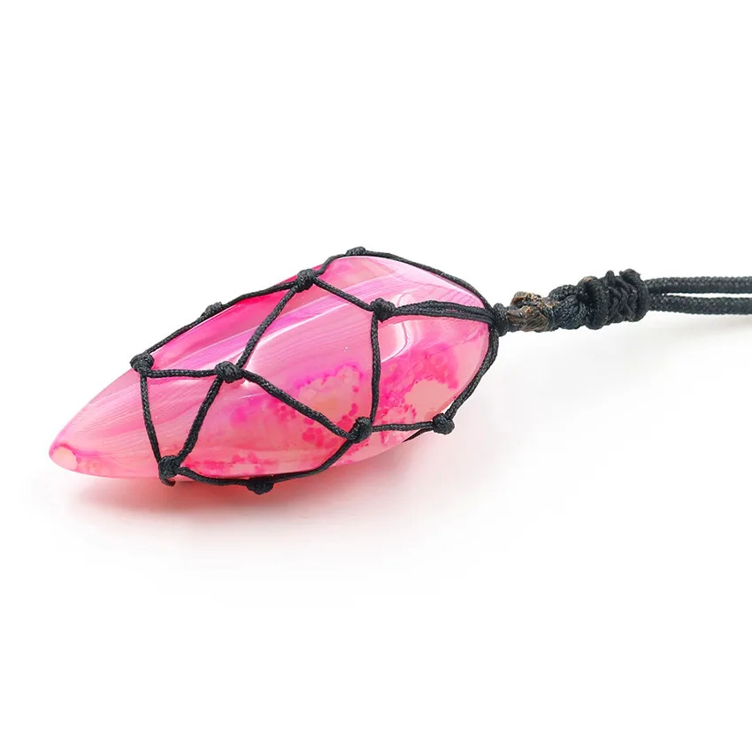 

FYJS Unique Handmade Weave Wrap Irregular Shape Pyramid Pendant Rose Red Agates Necklace with Rope Chain Jewelry