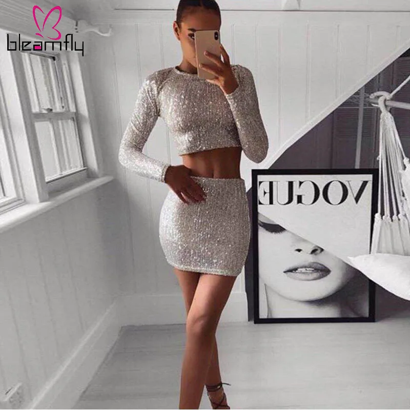 Women Sequined Crop Top And Mini Skirt Set Two Pieces Night Out Club Party Outfits Sexy Autumn Winter Bling Bling Sets