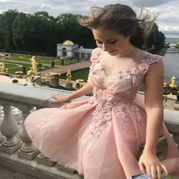 

Sexy Pink Short Evening Dress With Flower V Neck Beautiful short graduation dresses 2019 Party Prom Dress For Woman
