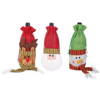 

3pcs Christmas Wine Bottle Bag Gift Wrap Drawstring Pouch Santa Deer Snowman Pattern