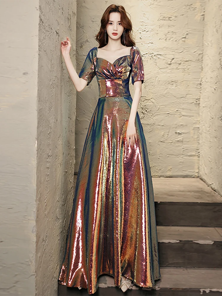 

Women's Long Sequins Bling Bling Dress Hologram Glitter Longer Party Dress Elegant Rainbow Dresses Empire Waist Dresses