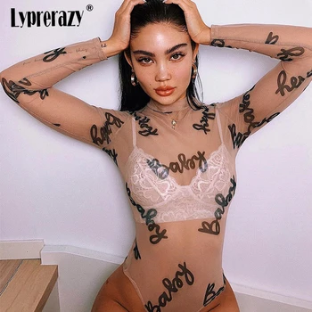 

Lyprerazy Women Baby Letter Print Mesh Bodysuits Rompers Lady Female Sexy Long Sleeve Night Club Body Suits One Piece Overalls