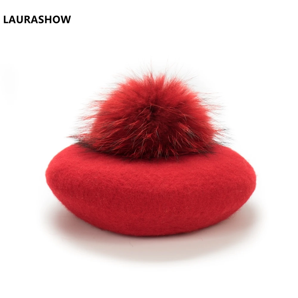 15cm red pompom Laurashow, детский берет, теплая шерстяная зимняя шапочка, шапка с помпонами из натурального меха, винтажные простые Детские береты для девочек, шапки для родителей и детей - Цвет: 15cm red pompom