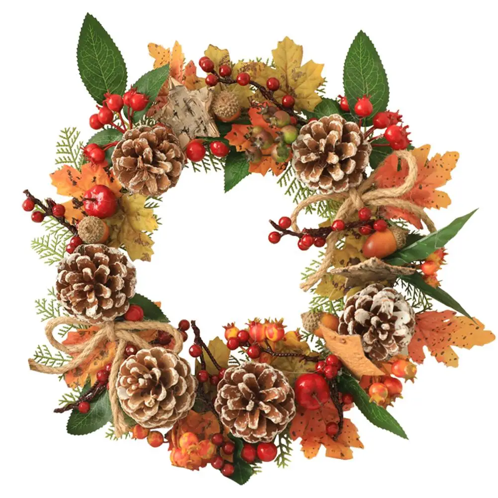 

35CM Pine Garland Doors Windows Cone Decorative Wreath Autumn Fall Maple Leaves Natural Artificial Pumpkin Berry Christmas Decor