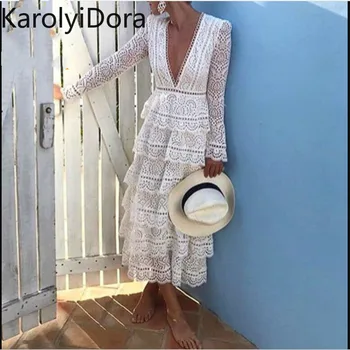 

2020 New arrive High quality luxury runway white Lace Dress women Long sleeve Sexy V-neck party dress vestidos