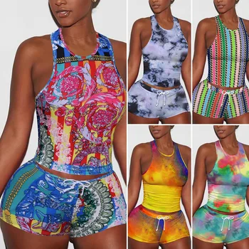 

Women Tie Dye 2 Piece Set Sleeveless Skinny Vest Cycling Short Tracksuit