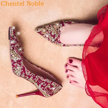 

Chentel Ladies Designer Crystal Shoes Women Leather High Heels Pearl Fashion Wedding Shoes Women Pumps 35-40 Size Four Style Red