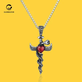 

New domineering cross snake sword Men's pendant Hipster inlay red love cystal wing Titanium steel necklace Free shipping 310
