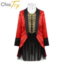 ChicTry детское платье для косплея на Хэллоуин для вечеринки костюмы цирка для девочек наряд вызывающего мастера куртка с длинными рукавами и сетчатая юбка пачка комплект