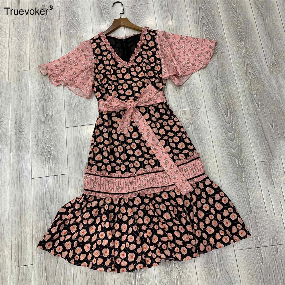 

Truevoker New Designer Runway Resort Dresses Women's High Street Flare Sleeve V-neck Vintage Flower Printed Tied Waist Vestidoes