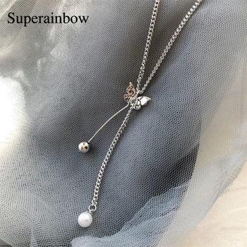 

SUPERAINBOW 925 Sterling Silver Korean New Cute Butterfly Choker Necklace For Women Pearl Tassel Necklace Jewelry SR-N209