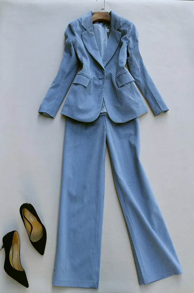 Корейская мода женские брючные костюмы вельвет ретро тонкий костюм куртка+ Высокая талия прямые широкие брюки комплект из 2 предметов