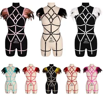 

Multicolor Feather Body Harness Lingerie Set Top Cage Shoulder Strap Waist Garter Belt Dance Rave Women Hollow Out Punk Goth Bra