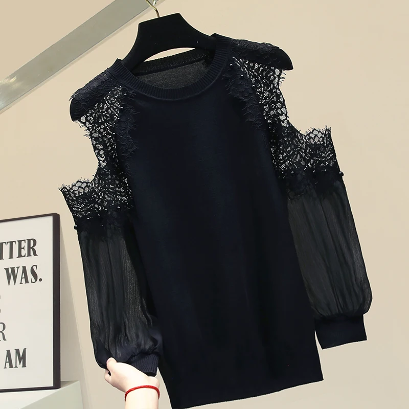 

Spring Clothing Woman Lace Off Shoulder Knitted Blouse Women's Thin Off-Shoulder Lantern Sleeve Loose-Fit Tops Pull Femme