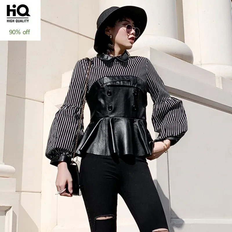 

Genuine Leather Patchwork Fake Piece Striped Jackets Qualities Sweet Sheepskin Lantern Sleeve Slim Womens Ruffles Pullover Tops