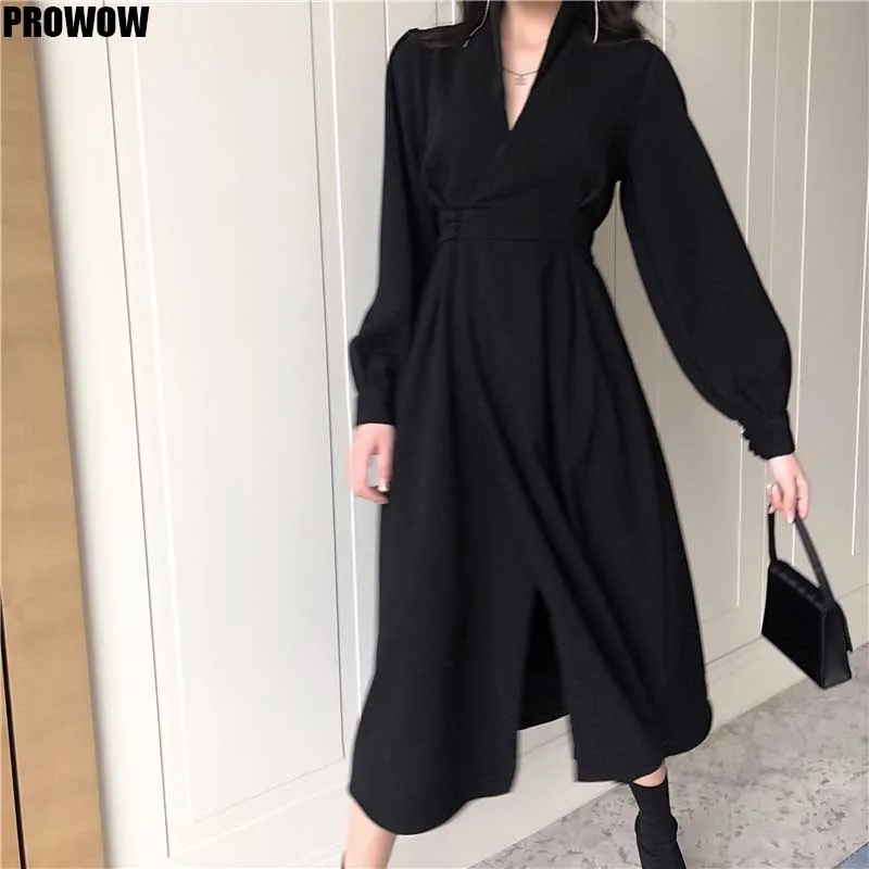 2020 Spring Autumn Women V Neck Lantern Sleeve Casual Long Dresses Ladies Korean Elegant Plus Size Chic Slim Dresses Vestidos